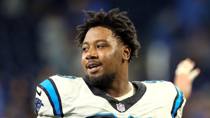 Defensive tackle Shy Tuttle (99) of the Carolina Panthers walks off the field at the conclusion of an NFL football game between the Detroit Lions and the Carolina Panthers in Detroit, Michigan USA, on Sunday, October 8, 2023.