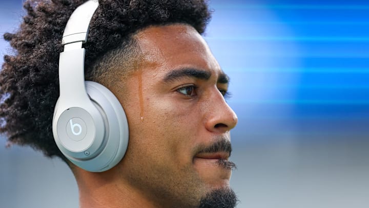CHARLOTTE, NC - SEPTEMBER 15: Bryce Young #9 of the Carolina Panthers warms up before a football game against the Los Angeles Chargers at Bank of America Stadium on September 15, 2024 in Charlotte, North Carolina. 