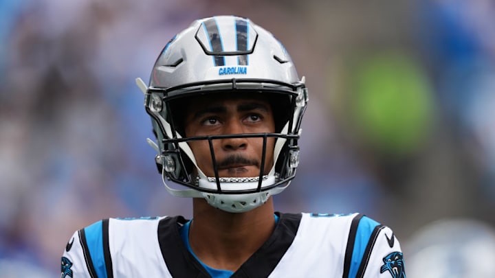 CHARLOTTE, NORTH CAROLINA - SEPTEMBER 15: Quarterback Bryce Young #9 of the Carolina Panthers looks on during the first quarter against the Los Angeles Chargers at Bank of America Stadium on September 15, 2024 in Charlotte, North Carolina.