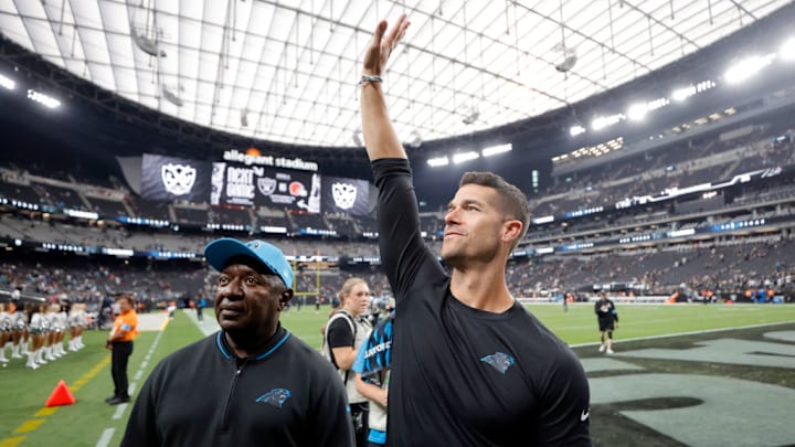 LAS VEGAS, NEVADA - SEPTEMBER 22: Head coach Dave Canales looks on after beating the Las Vegas Raiders 36-22 at Allegiant Stadium on September 22, 2024 in Las Vegas, Nevada.