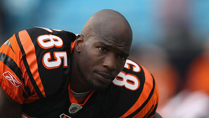 CHARLOTTE, NC - SEPTEMBER 26: Chad Ochocinco #85 of the Cincinnati Bengals during their game against the Carolina Panthers at Bank of America Stadium on September 26, 2010 in Charlotte, North Carolina.