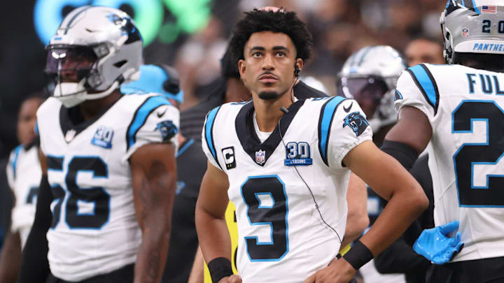 LAS VEGAS, NEVADA - SEPTEMBER 22: Bryce Young #9 of the Carolina Panthers looks on from the sideline during the first quarter against the Las Vegas Raiders at Allegiant Stadium on September 22, 2024 in Las Vegas, Nevada.