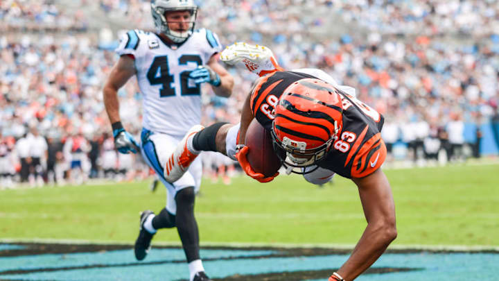 CHARLOTTE, NC - SEPTEMBER 23: Cincinnati Bengals wide receiver Tyler Boyd (83) hauls in a touchdown catch during the game between the Carolina Panthers and the Cincinnati Bengals on September 23, 2018 at Bank of America Stadium in Charlotte, NC.