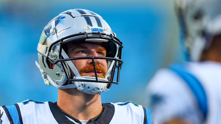 CHARLOTTE, NC - SEPTEMBER 18: Andy Dalton #14 of the Carolina Panthers warms up before a football game against the New Orleans Saints at Bank of America Stadium in Charlotte, North Carolina on Sep 18, 2023. CHARLOTTE, NC - SEPTEMBER 18: Andy Dalton #14 of the Carolina Panthers warms up before a football game against the New Orleans Saints at Bank of America Stadium in Charlotte, North Carolina on Sep 18, 2023.