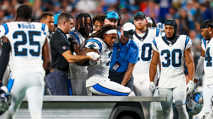 CHARLOTTE, NC - SEPTEMBER 18: Shaq Thompson #7 of the Carolina Panthers is loaded on a cart after an injury during a football game against the New Orleans Saints at Bank of America Stadium in Charlotte, North Carolina on Sep 18, 2023. 