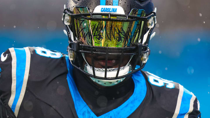 CHARLOTTE, NC - DECEMBER 17: Marquis Haynes Sr. #98 of the Carolina Panthers warms up before an NFL game against the Atlanta Falcons at Bank of America Stadium in Charlotte, North Carolina on Dec 17, 2023.