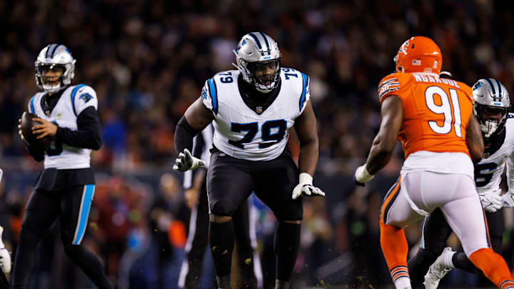 CHICAGO, ILLINOIS - NOVEMBER 09: Ikem Ekwonu #79 of the Carolina Panthers blocks during an NFL football game against the Chicago Bears at Soldier Field on November 9, 2023 in Chicago, Illinois. CHICAGO, ILLINOIS - NOVEMBER 09: Ikem Ekwonu #79 of the Carolina Panthers blocks during an NFL football game against the Chicago Bears at Soldier Field on November 9, 2023 in Chicago, Illinois.