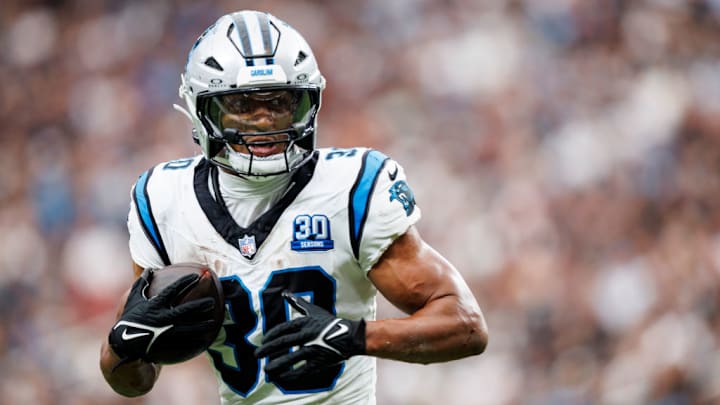 LAS VEGAS, NEVADA - SEPTEMBER 22: Running back Chuba Hubbard #30 of the Carolina Panthers carries the ball during the second quarter of an NFL football game against the Las Vegas Raiders, at Allegiant Stadium on September 22, 2024 in Las Vegas, Nevada.