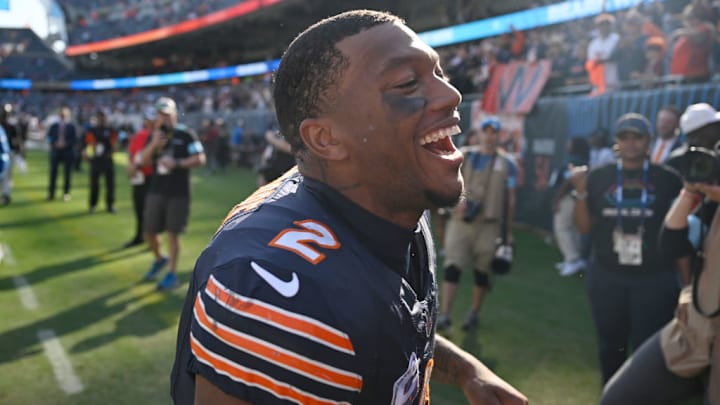 CHICAGO, ILLINOIS - OCTOBER 06: DJ Moore #2 of the Chicago Bears celebrates after defeating the Carolina Panthers at Soldier Field on October 06, 2024 in Chicago, Illinois. 