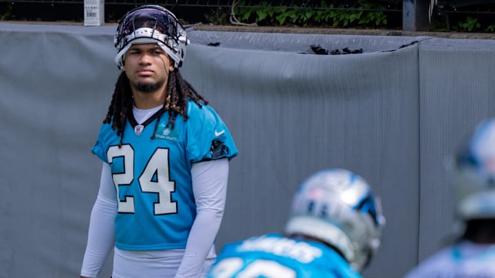 CHARLOTTE, NORTH CAROLINA - MAY 10: Jonathon Brooks #24 of the Carolina Panthers looks on during rookie minicamp on May 10, 2024 in Charlotte, North Carolina.