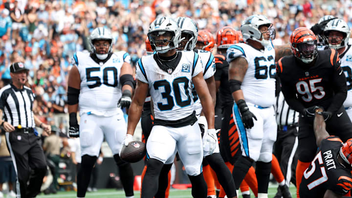 CHARLOTTE, NORTH CAROLINA - SEPTEMBER 29: Chuba Hubbard #30 of the Carolina Panthers celebrates scoring a touchdown during a game against the Cincinnati Bengals at Bank of America Stadium on September 29, 2024 in Charlotte, North Carolina. The Bengals defeated the Panthers 34-24. 