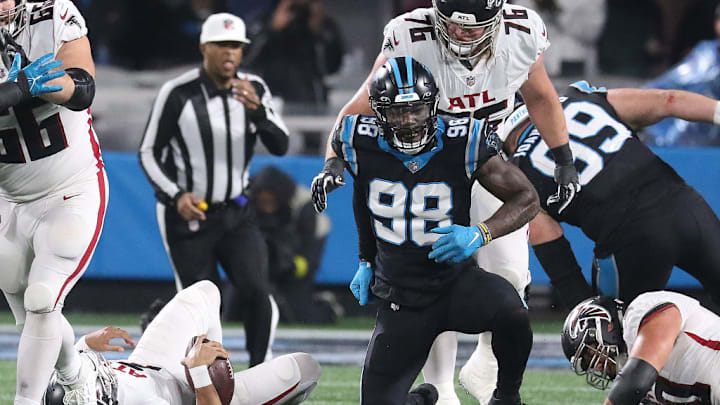 CHARLOTTE, NC - NOVEMBER 10: Carolina Panthers defensive end Marquis Haynes Sr. (98) during an NFL football game between the Atlanta Falcons and the Carolina Panthers on November 10, 2022, at Bank of America Stadium in Charlotte, N.C.