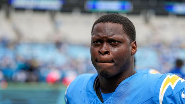 CHARLOTTE, NORTH CAROLINA - SEPTEMBER 15: Shaq Quarterman #58 of the Los Angeles Chargers is seen during the game against the Carolina Panthers at Bank of America Stadium on September 15, 2024 in Charlotte, North Carolina. 