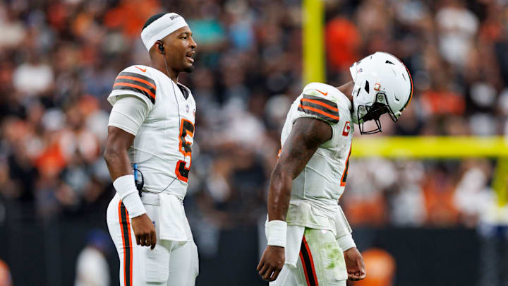 LAS VEGAS, NV - SEPTEMBER 29: Quarterback Jameis Winston #5 of the Cleveland Browns and quarterback Deshaun Watson #4 walk off the field during the fourth quarter of an NFL football game against the Las Vegas Raiders, at Allegiant Stadium on September 29, 2024 in Las Vegas, Nevada. 