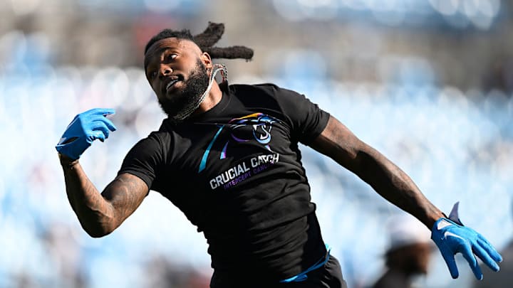 CHARLOTTE, NORTH CAROLINA - OCTOBER 13: Diontae Johnson #5 of the Carolina Panthers warms up before playing the Atlanta Falcons at Bank of America Stadium on October 13, 2024 in Charlotte, North Carolina.