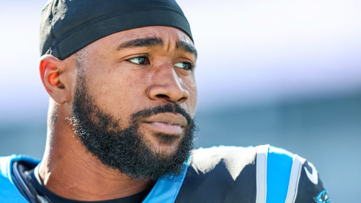 CHARLOTTE, NORTH CAROLINA - NOVEMBER 19: Miles Sanders #6 of the Carolina Panthers warms up before an NFL game against the Dallas Cowboys at Bank of America Stadium on November 19, 2023 in Charlotte, North Carolina. CHARLOTTE, NORTH CAROLINA - NOVEMBER 19: Miles Sanders #6 of the Carolina Panthers warms up before an NFL game against the Dallas Cowboys at Bank of America Stadium on November 19, 2023 in Charlotte, North Carolina.