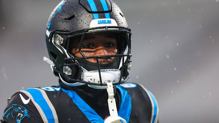 CHARLOTTE, NC - DECEMBER 17: Miles Sanders #6 of the Carolina Panthers warms up before an NFL game against the Atlanta Falcons at Bank of America Stadium in Charlotte, North Carolina on Dec 17, 2023. CHARLOTTE, NC - DECEMBER 17: Miles Sanders #6 of the Carolina Panthers warms up before an NFL game against the Atlanta Falcons at Bank of America Stadium in Charlotte, North Carolina on Dec 17, 2023.