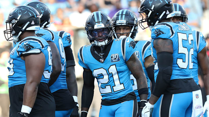 CHARLOTTE, NC - OCTOBER 13: Carolina Panthers safety Nick Scott (21) during an NFL football game between the Atlanta Falcons and the Carolina Panthers on October 13, 2024 at Bank of America Stadium in Charlotte, N.C. CHARLOTTE, NC - OCTOBER 13: Carolina Panthers safety Nick Scott (21) during an NFL football game between the Atlanta Falcons and the Carolina Panthers on October 13, 2024 at Bank of America Stadium in Charlotte, N.C.