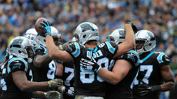 08 November 2015: Carolina Panthers celebrate after Carolina Panthers tight end Greg Olsen (88) gets in the endzone for a touchdown during the NFL football game between the Green Bay Packers and the Carolina Panthers at Bank of America Stadium in Charlotte, NC. The Carolina Panthers go 8-0 after a win over the Green Bay Packers 37-29.