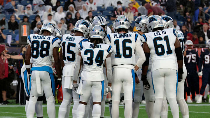 FOXBOROUGH, MA - AUGUST 08: Carolina Panthers quarterback Jack Plummer (16) calls a play during a preseason game between the New England Patriots and the Carolina Panthers on August 8, 2024, at Gillette Stadium in Foxborough, Massachusetts. 