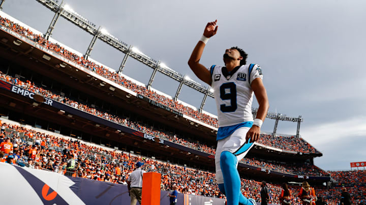 DENVER, COLORADO - OCTOBER 27: Bryce Young #9 of the Carolina Panthers kneels before the start of the third quarter against the Denver Broncos at Empower Field At Mile High on October 27, 2024 in Denver, Colorado. DENVER, COLORADO - OCTOBER 27: Bryce Young #9 of the Carolina Panthers kneels before the start of the third quarter against the Denver Broncos at Empower Field At Mile High on October 27, 2024 in Denver, Colorado.