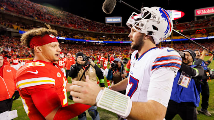 KANSAS CITY, MISSOURI - DECEMBER 10: Patrick Mahomes #15 of the Kansas City Chiefs and Josh Allen #17 of the Buffalo Bills after an NFL football game against the Buffalo Bills at GEHA Field at Arrowhead Stadium on December 10, 2023 in Kansas City, Missouri.
