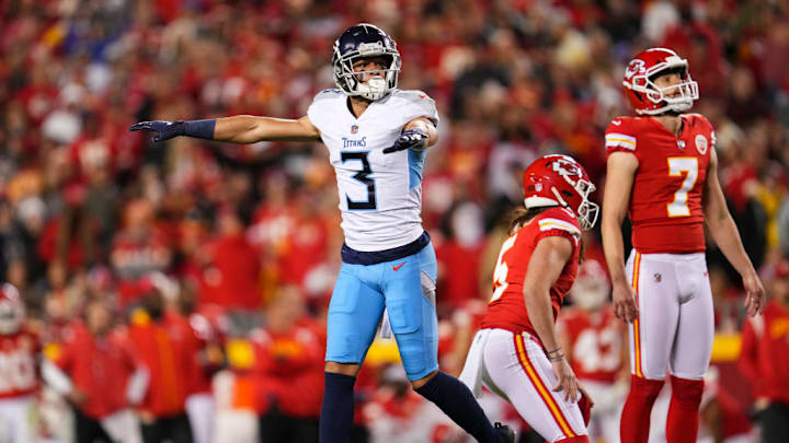KANSAS CITY, MO - NOVEMBER 06: Caleb Farley #3 of the Tennessee Titans celebrates against the Kansas City Chiefs at GEHA Field at Arrowhead Stadium on November 6, 2022 in Kansas City, Missouri.