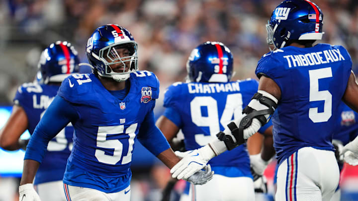 EAST RUTHERFORD, NJ - SEPTEMBER 26: Azeez Ojulari #51 of the New York Giants runs across the field during an NFL football game against the New York Giants at MetLife Stadium on September 26, 2024 in East Rutherford, New Jersey.