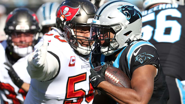 CHARLOTTE, NC - JANUARY 07: Carolina Panthers running back Raheem Blackshear (3) during an NFL football game between the Tampa Bay Buccaneers and the Carolina Panthers on January 7, 2024 at Bank of America Stadium in Charlotte, N.C. 
