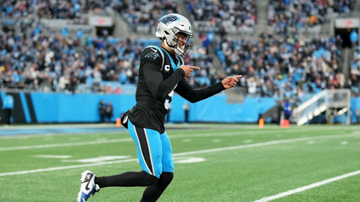 CHARLOTTE, NORTH CAROLINA - DECEMBER 01: Bryce Young #9 of the Carolina Panthers reacts after a play during the first quarter against the Tampa Bay Buccaneers at Bank of America Stadium on December 01, 2024 in Charlotte, North Carolina.