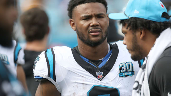 CHARLOTTE, NC - SEPTEMBER 29: Carolina Panthers tight end Ja'Tavion Sanders (0) during an NFL football game between the Cincinnati Bengals and the Carolina Panthers on September 29, 2024 at Bank of America Stadium in Charlotte N.C. CHARLOTTE, NC - SEPTEMBER 29: Carolina Panthers tight end Ja'Tavion Sanders (0) during an NFL football game between the Cincinnati Bengals and the Carolina Panthers on September 29, 2024 at Bank of America Stadium in Charlotte N.C.