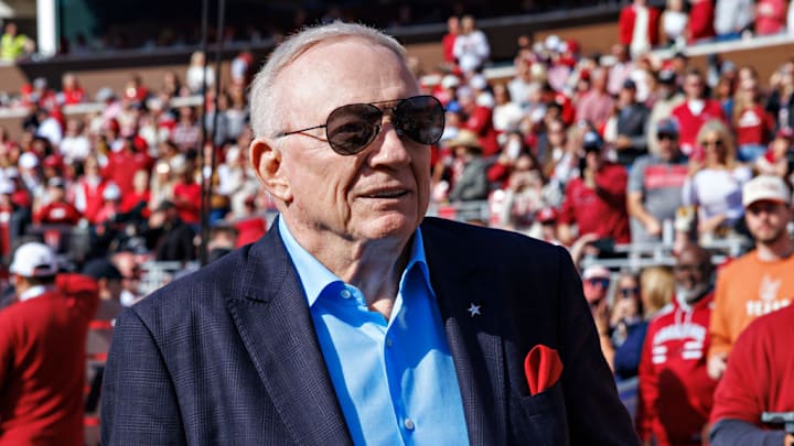 FAYETTEVILLE, ARKANSAS - NOVEMBER 16: Dallas Cowboys owner and Razorback Alumni Jerry Jones on the field during a game between the Texas Longhorns and the Arkansas Razorbacks at Donald W. Reynolds Razorback Stadium on November 16, 2024 in Fayetteville, Arkansas. The Longhorns defeated the Razorbacks 20-10. FAYETTEVILLE, ARKANSAS - NOVEMBER 16: Dallas Cowboys owner and Razorback Alumni Jerry Jones on the field during a game between the Texas Longhorns and the Arkansas Razorbacks at Donald W. Reynolds Razorback Stadium on November 16, 2024 in Fayetteville, Arkansas. The Longhorns defeated the Razorbacks 20-10.