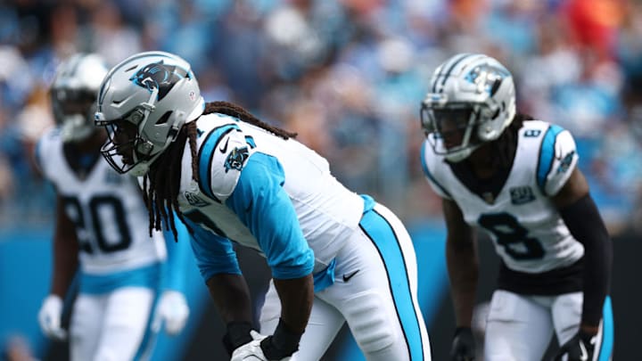 CHARLOTTE, NORTH CAROLINA - SEPTEMBER 15: Linebacker Jadeveon Clowney #7 of the Carolina Panthers readies at the line of scrimmage during the second half of the game against the Los Angeles Chargers at Bank of America Stadium on September 15, 2024 in Charlotte, North Carolina.