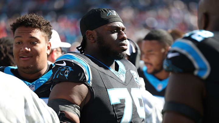 CHARLOTTE, NC - NOVEMBER 24: Carolina Panthers tackle Ikem Ekwonu (79) during an NFL football game between the Kansas City Chiefs and the Carolina Panthers on November 24, 2024 at Bank of America Stadium in Charlotte, N.C.