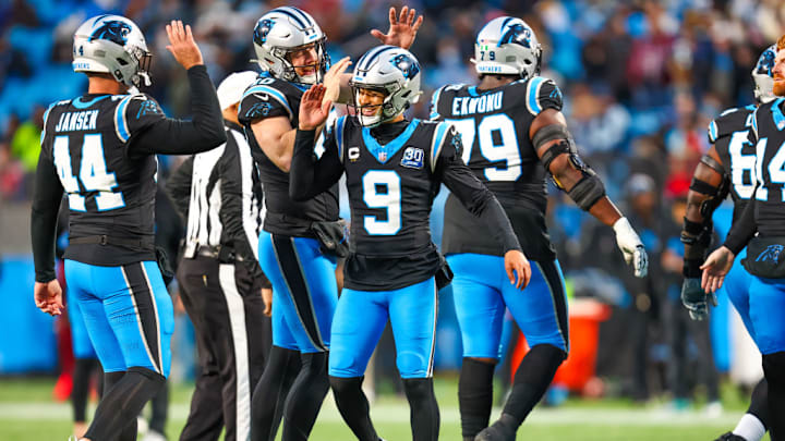 CHARLOTTE, NC - DECEMBER 01: Bryce Young #9 of the Carolina Panthers celebrates a touchdown during the first half of a football game against the Tampa Bay Buccaneers at Bank of America Stadium on December 1, 2024 in Charlotte, North Carolina.