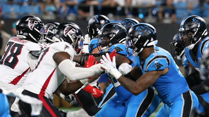 CHARLOTTE, NC - OCTOBER 13: In the trenches as a play begins during an NFL football game between the Atlanta Falcons and the Carolina Panthers on October 13, 2024 at Bank of America Stadium in Charlotte, N.C.