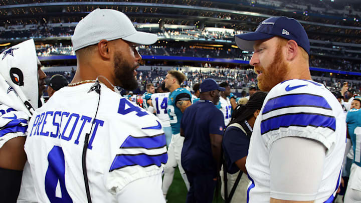ARLINGTON, TEXAS - AUGUST 12: Dak Prescott #4 of the Dallas Cowboys and Cooper Rush #10 of the Dallas Cowboys talk after the loss to the Jacksonville Jaguars in a preseason game at AT&T Stadium on August 12, 2023 in Arlington, Texas. ARLINGTON, TEXAS - AUGUST 12: Dak Prescott #4 of the Dallas Cowboys and Cooper Rush #10 of the Dallas Cowboys talk after the loss to the Jacksonville Jaguars in a preseason game at AT&T Stadium on August 12, 2023 in Arlington, Texas.