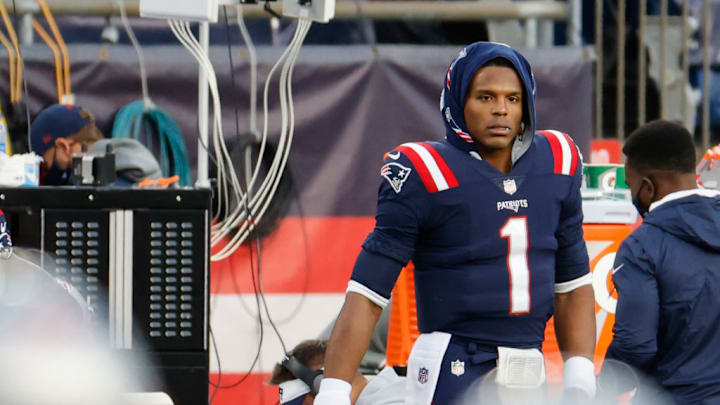 FOXBOROUGH, MA - OCTOBER 25: New England Patriots quarterback Cam Newton (1) on the sidelines during a game between the New England Patriots and the San Francisco 49ers on October 25, 2020, at Gillette Stadium in Foxborough, Massachusetts. 
