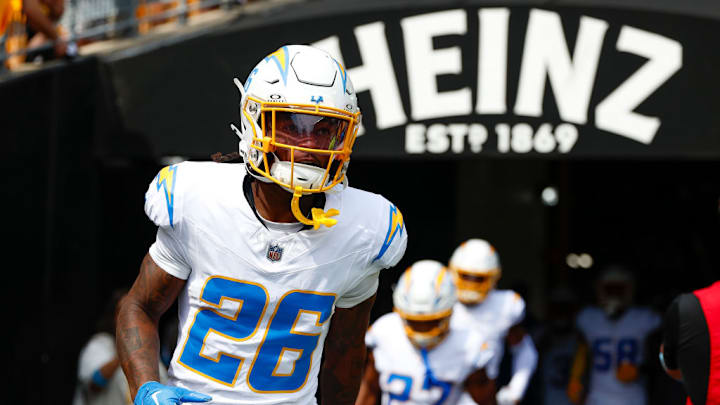 PITTSBURGH, PENNSYLVANIA - SEPTEMBER 22: Asante Samuel Jr. #26 of the Los Angeles Chargers runs onto the field prior to a game against the Pittsburgh Steelers at Acrisure Stadium on September 22, 2024 in Pittsburgh, Pennsylvania.
