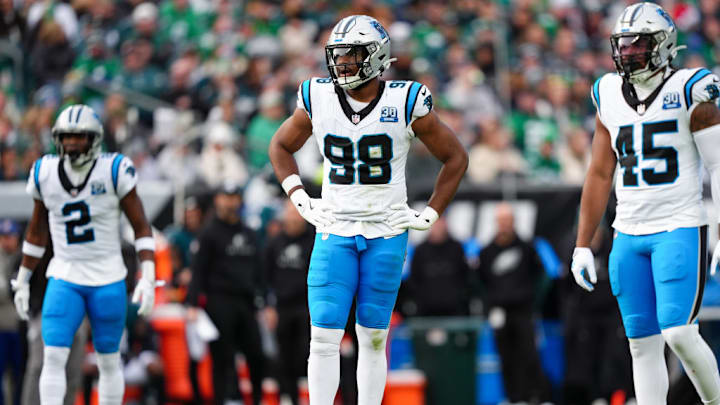 PHILADELPHIA, PA - DECEMBER 08: Carolina Panthers linebacker D.J. Wonnum (98) looks on in the first half during the game between the Carolina Panthers and Philadelphia Eagles on December 08, 2024 at Lincoln Financial Field in Philadelphia, PA. 