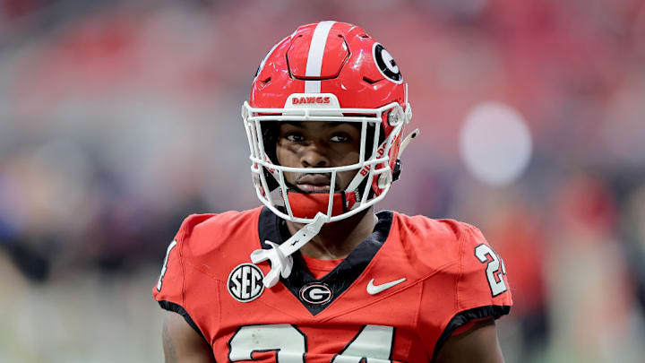 ATLANTA, GA - DECEMBER 07: Georgia Bulldogs defensive back Malaki Starks (24) during pre-game warmups before the SEC championship football game between the Georgia Bulldogs and the Texas Longhorns on December 7, 2024 at the Mercedes-Benz Stadium in Atlanta, Georgia. ATLANTA, GA - DECEMBER 07: Georgia Bulldogs defensive back Malaki Starks (24) during pre-game warmups before the SEC championship football game between the Georgia Bulldogs and the Texas Longhorns on December 7, 2024 at the Mercedes-Benz Stadium in Atlanta, Georgia.