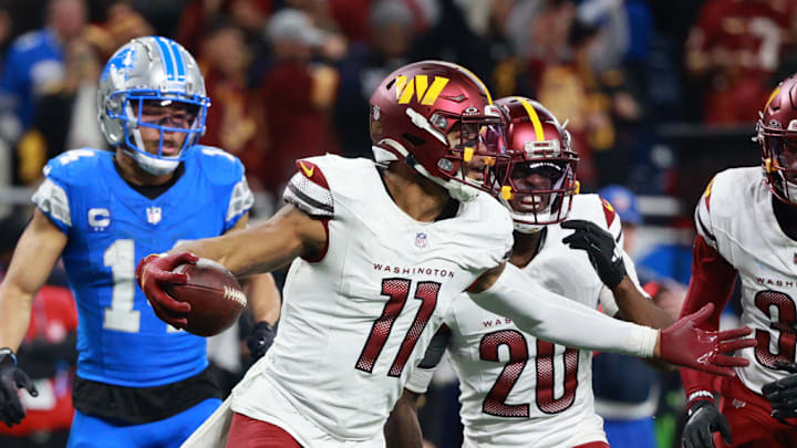 DETROIT,MICHIGAN-January 18: Washington Commanders safety Jeremy Chinn #11 celebrates his interception along with his teammates during the second half of an NFL Divisional Playoff game between the Washington Commanders and the Detroit Lions at Ford Field in Detroit, Michigan USA, on Saturday, January 18, 2025.