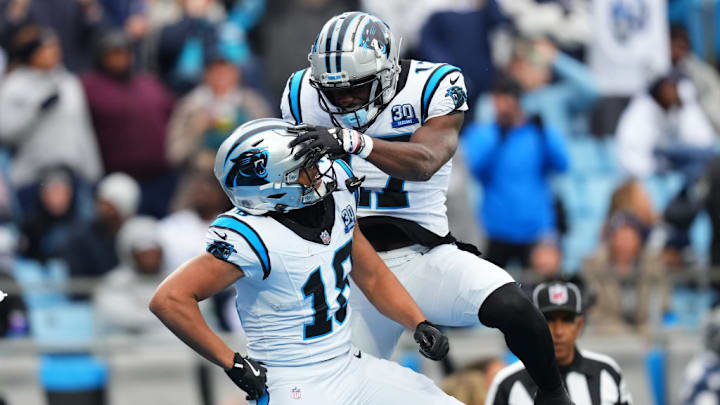 CHARLOTTE, NORTH CAROLINA - DECEMBER 15: Jalen Coker #18 of the Carolina Panthers celebrates with teammate Xavier Legette #17 after scoring a touchdown against the Dallas Cowboys during the second quarter at Bank of America Stadium on December 15, 2024 in Charlotte, North Carolina. CHARLOTTE, NORTH CAROLINA - DECEMBER 15: Jalen Coker #18 of the Carolina Panthers celebrates with teammate Xavier Legette #17 after scoring a touchdown against the Dallas Cowboys during the second quarter at Bank of America Stadium on December 15, 2024 in Charlotte, North Carolina.