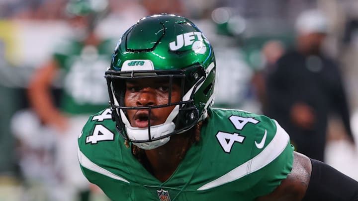 EAST RUTHERFORD, NJ - AUGUST 27: New York Jets linebacker Jamien Sherwood (44) prior to the National Football League preseason game between the New York Jets and the Philadelphia Eagles on August 27, 2021 at MetLife Stadium in East Rutherford, NJ.