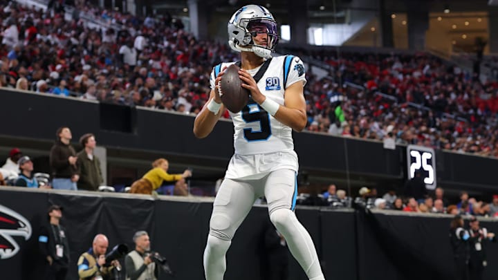 ATLANTA, GEORGIA - JANUARY 05: Bryce Young #9 of the Carolina Panthers warms up during the first quarter against the Atlanta Falcons at Mercedes-Benz Stadium on January 05, 2025 in Atlanta, Georgia. 