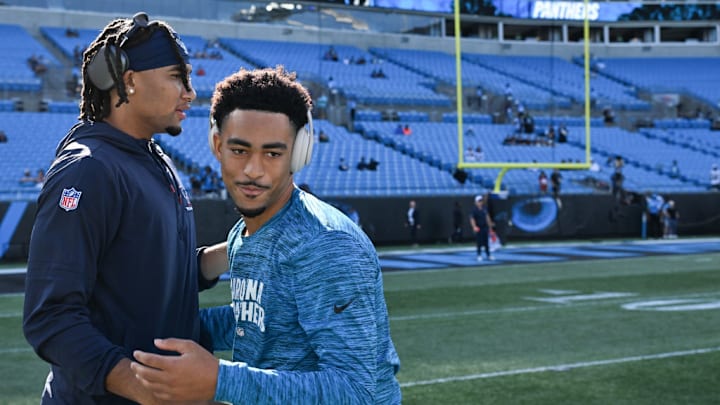 CHARLOTTE, NORTH CAROLINA - OCTOBER 29: (L-R) C.J. Stroud #7 of the Houston Texans shakes hands with Bryce Young #9 of the Carolina Panthers prior to a game at Bank of America Stadium on October 29, 2023 in Charlotte, North Carolina.