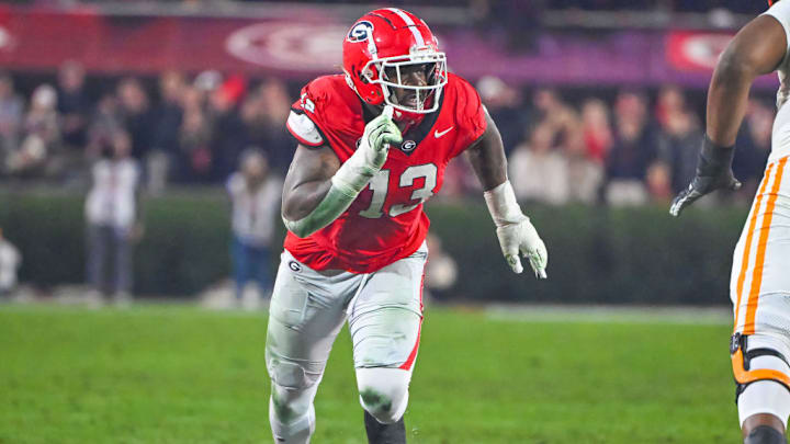 ATHENS, GA - NOVEMBER 16: Georgia Bulldogs defensive lineman Mykel Williams (13) during the college football game between the Tennessee Volunteers and the Georgia Bulldogs on November 16, 2024, on Dooley Field at Sanford Stadium in Athens, GA.