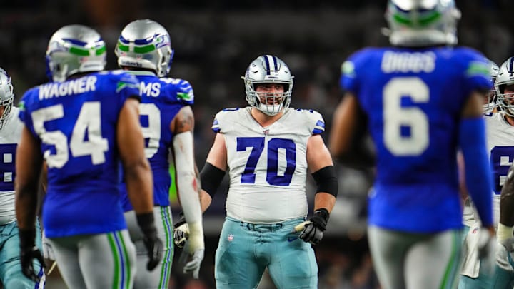 ARLINGTON, TX - NOVEMBER 30: Zack Martin #70 of the Dallas Cowboys looks on from the field during an NFL football game against the Seattle Seahawks at AT&T Stadium on November 30, 2023 in Arlington, Texas.