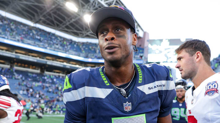 SEATTLE, WASHINGTON - OCTOBER 06: Geno Smith #7 of the Seattle Seahawks looks on after a game against the New York Giants at Lumen Field on October 06, 2024 in Seattle, Washington.