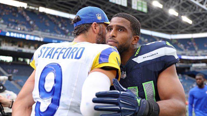 SEATTLE, WASHINGTON - SEPTEMBER 10: Matthew Stafford #9 of the Los Angeles Rams and Bobby Wagner #54 of the Seattle Seahawks meet on the field following the Rams 30-13 win at Lumen Field on September 10, 2023 in Seattle, Washington. SEATTLE, WASHINGTON - SEPTEMBER 10: Matthew Stafford #9 of the Los Angeles Rams and Bobby Wagner #54 of the Seattle Seahawks meet on the field following the Rams 30-13 win at Lumen Field on September 10, 2023 in Seattle, Washington.